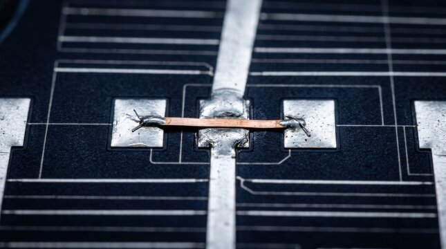 Extreme macro photograph of a silicon photovoltaic solar cell surface showing metallic contact pads, copper interconnects, busbars, and semiconductor grid lines for electrical conduction.