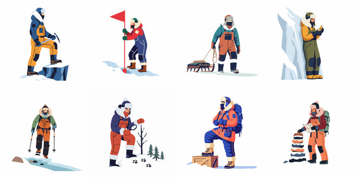 Set of polar explorers and arctic researchers in warm winter clothing performing activities like climbing, navigating, and trekking in snowy and icy environments.