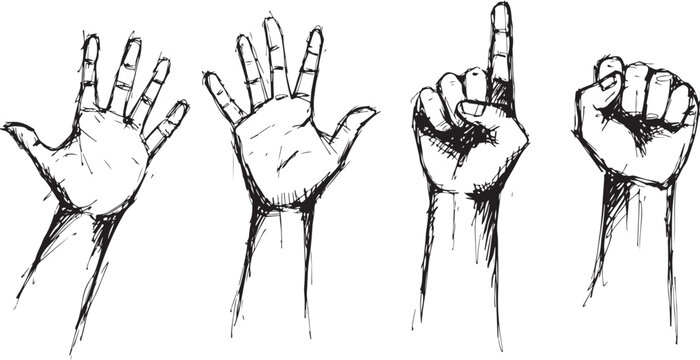 Four different hand gestures in black and white four hands