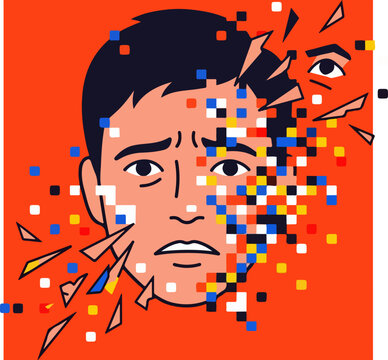 Abstract illustration of a human face dissolving into digital pixels and geometric fragments.