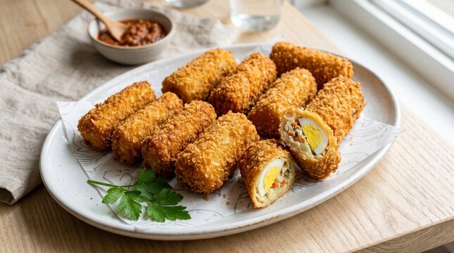 Crispy Indonesian fried risoles filled with egg and savory ragout served on a plate with spicy chili sauce.