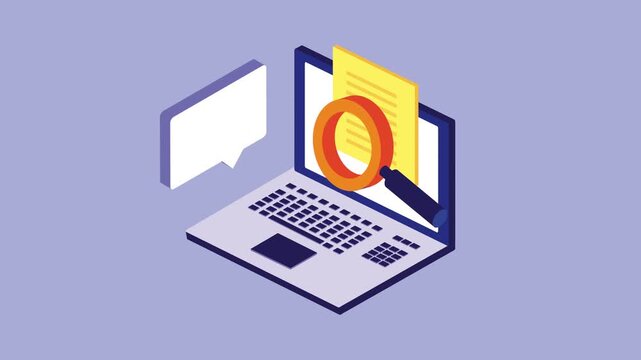 Isometric laptop with searching document and speech bubble animation representing data management and online research.