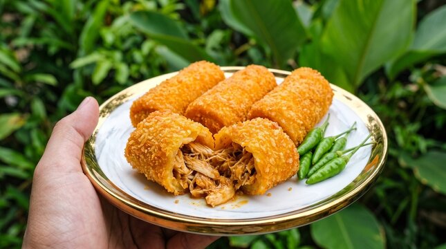 Hand holding a plate of crispy Indonesian fried risoles filled with shredded chicken, served with green chili peppers in a garden setting.