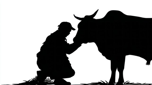 Traditional eid ul adha farm animal black silhouette vector illustration with cow calf and shepherd isolated on white