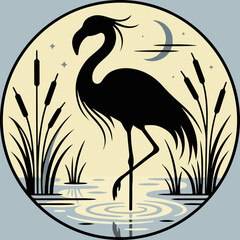 Fototapeta premium Elegant heron silhouette standing in a serene marsh at night.