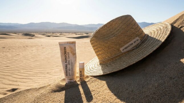 Mineral sunscreen SPF 50 with zinc oxide, lip balm SPF 30, and a straw hat with UPF 50+ label placed on a desert sand dune under a bright sun with mountain background.