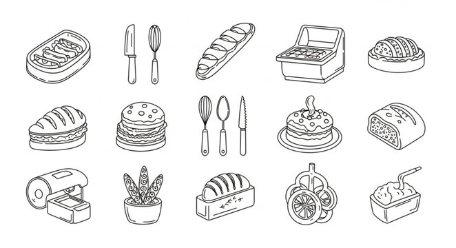 Collection of Hand Drawn Food and Kitchen Utensils Illustrations.
