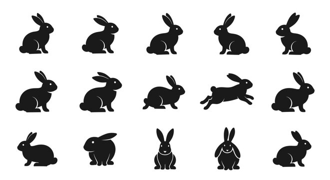 A versatile collection of various rabbit silhouettes, illustrating different poses and movements, ideal for animal-themed designs, graphic projects, and children's book illustrations