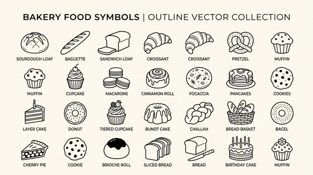 Collection of Outline Vector Icons Representing Various Bakery Food Items.