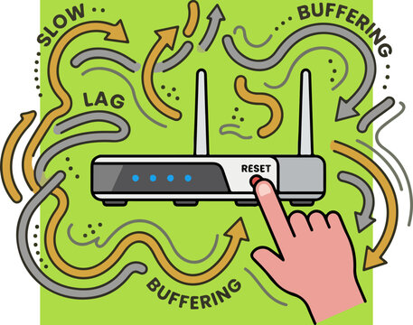 Hand pressing reset button on internet router with slow connection lag and buffering icons.