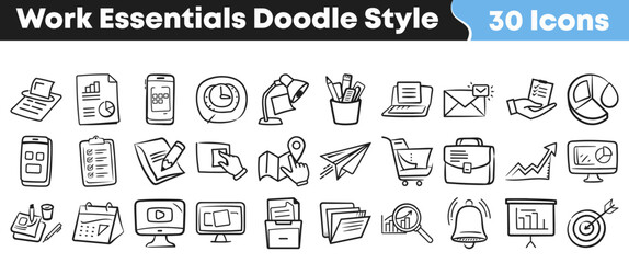 Fototapeta premium Set of hand drawn work essentials icons in doodle style