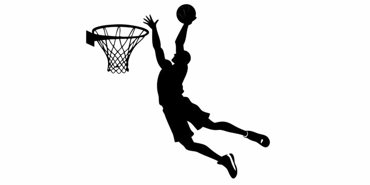 basketball player silhouette dunking on a white background