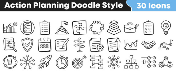 Collection of business action planning icons in hand drawn style © Vectoravec