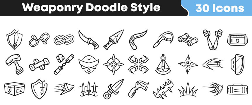 Collection of hand drawn weapon icons in a doodle style