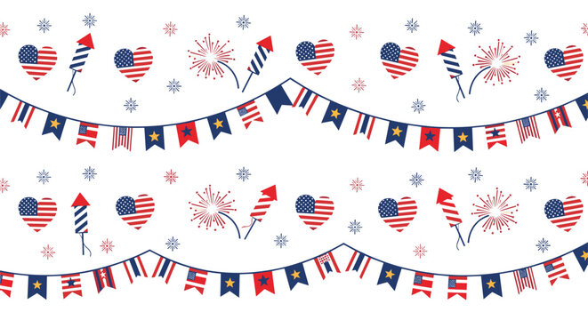 Patriotic Independence Day bunting decoration with American flags, hearts, and rocket fireworks on a crisp white background for the fourth.