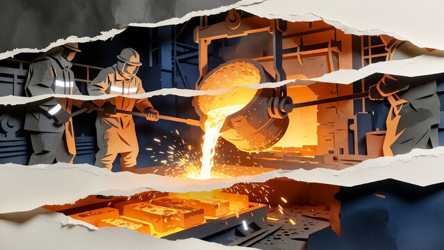 Metallurgy factory workers pouring molten metal liquid from ladle in steel foundry shop, paper cut style vector illustration