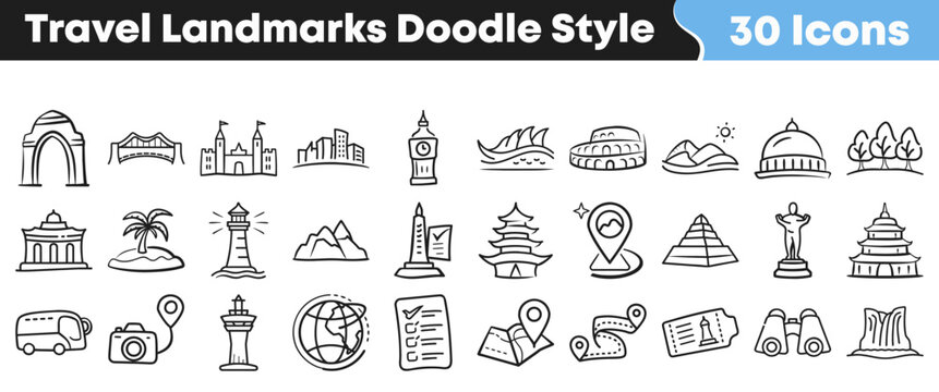 Hand drawn collection of travel landmarks and famous world monuments