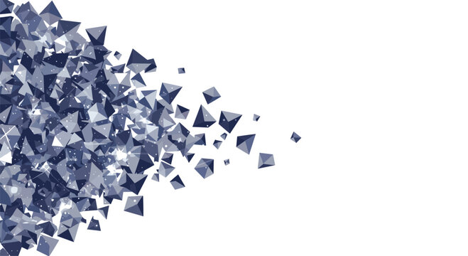 Dynamic cluster of blue geometric crystals and diamond fragments flying across a plain white background for modern design.