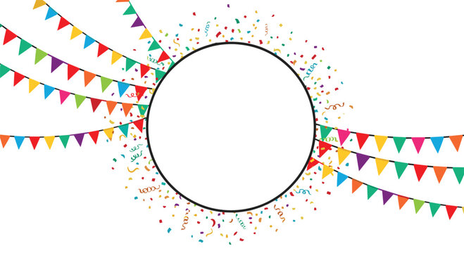 Celebration background with colorful bunting flags and festive confetti surrounding a large central white circle for text.