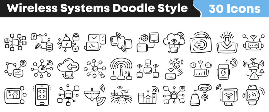 Set of hand drawn wireless systems icons for digital communication