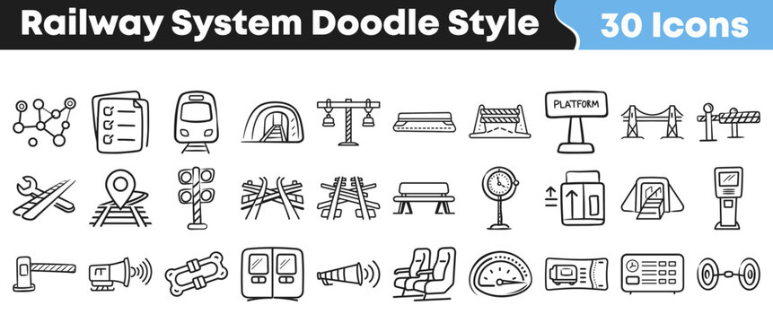 Hand drawn collection of various railway system icons and symbols