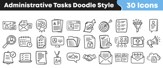 Obraz premium Set of hand drawn doodle icons representing various administrative office tasks