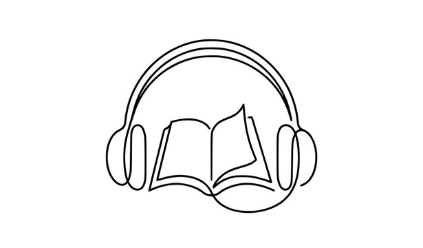 Minimal audiobook symbol with book and headphones continuous line art isolated on white background