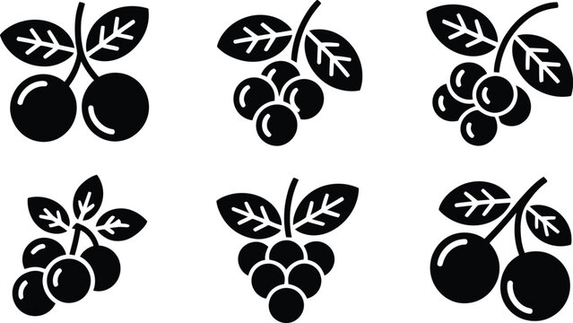Black white vector berry fruit leaf branch art icon set