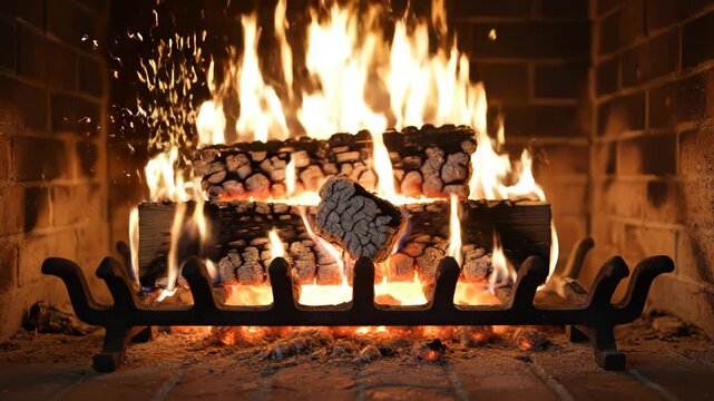 Burning wood in a brick fireplace emphasizing the majestic scale of the natural world