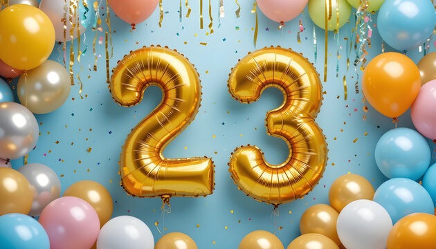 Golden 23 Number Balloons With Confetti And Streamers Celebration Keywords: 23, twenty three