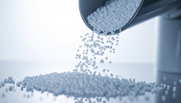 Granular recycled polymer pellets cascading from a hopper in a clean industrial manufacturing process. This widescreen cinematic view highlights the efficient production and material recycling flow.