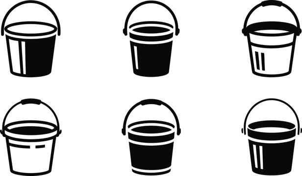 Black flat bucket pail water bin vector art icon set