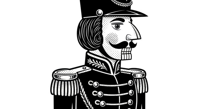 Vintage Nutcracker Soldier Illustration, Black and White, Detailed Uniform