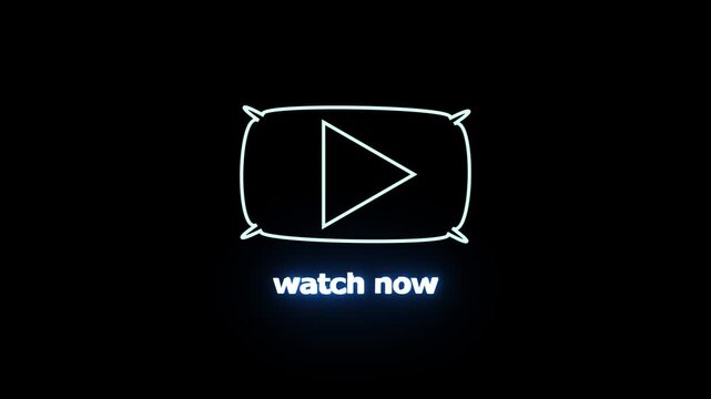 Neon pillow play button icon with watch now text glowing in dark black background motion graphic.