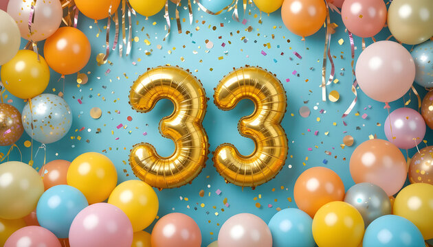 Golden 33 balloons and a variety of colorful balloons for a celebration thirty-three number 33