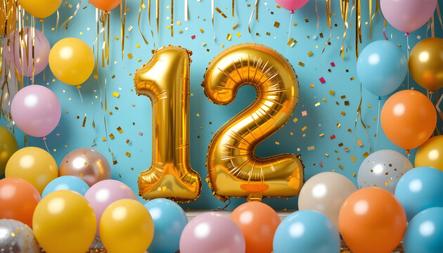 Golden number 12 balloons with colorful balloons and confetti celebration twelve