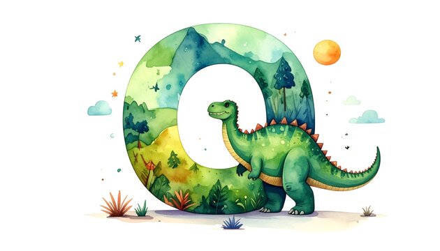 Watercolor illustration showcasing a green dinosaur next to a large letter "Q" that is filled with landscape scenery