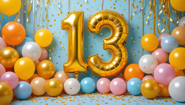 Golden Number 13 Balloons With Colorful Party Decorations thirteen birthday