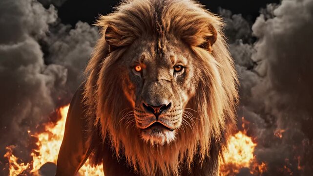 Lion in a fiery environment symbolizing tranquility, harmony, and natural balance