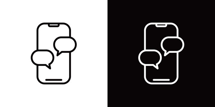 チャットが表示されたスマホ画面のラインアイコン。モノクロベクターイラストセット