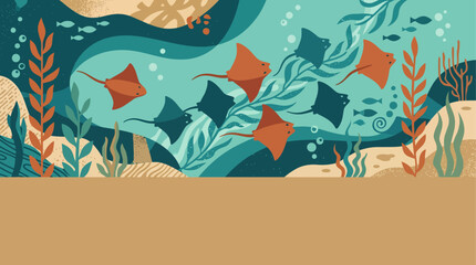 Obraz premium An illustrative underwater scene featuring multiple manta rays swimming gracefully among various aquatic plants, small fish, and coral formations in a serene ocean environment.