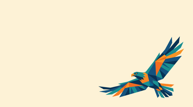 A vibrant, low-poly geometric eagle in flight, rendered with blue, green, and orange facets against a simple cream background.