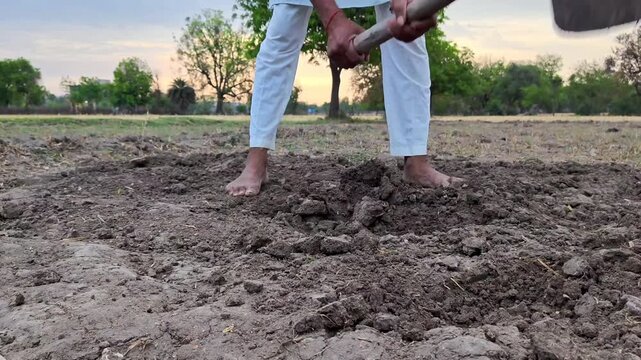 Farmer digging dry soil with a hoe tool in agricultural field