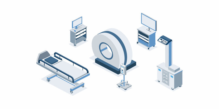 isometric medical equipment including hospital bed and ct scanner
