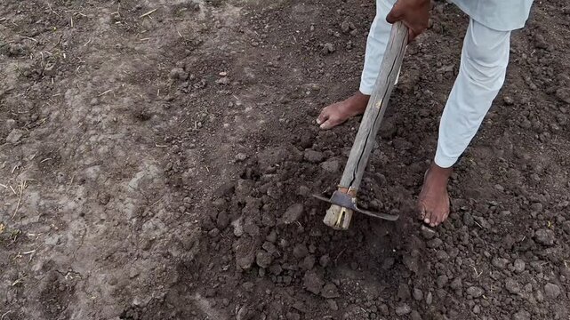 Farmer digging dry soil with a hoe tool in agricultural field