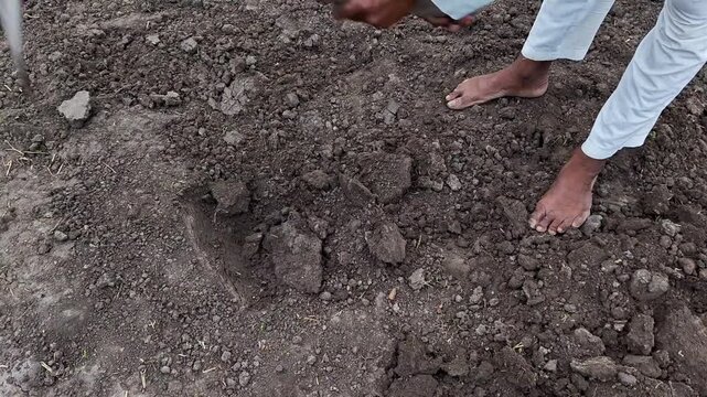 Farmer digging dry soil with a hoe tool in agricultural field