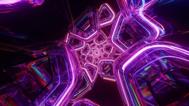 Abstract geometric structure with neon pipes and glowing prism frames in dark space