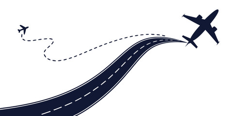 Two airplanes on a merging winding flight path abstract graphic illustration of connected air travel and journeys airplane aviation destination illustration silhouette © Mamun