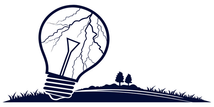 Broken lightbulb with lightning cracks on a grassy hill with small trees environmental concept vector climate change line art lightbulb lightning electricity environment