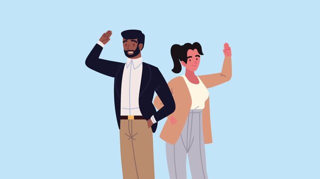 Two business people waving hello on blue background dynamic motion footage.